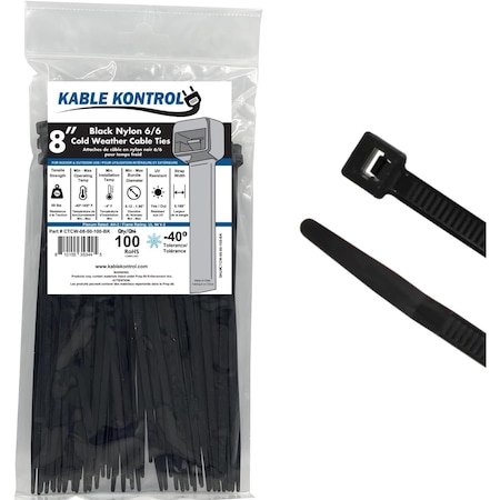 Kable Kontrol Cold Weather Cable Zip Ties, 8 in L, 1.875 in Max Bundle Dia., Black, Nylon 6-6 - UV Resistant CTCW-08-50-100-BK