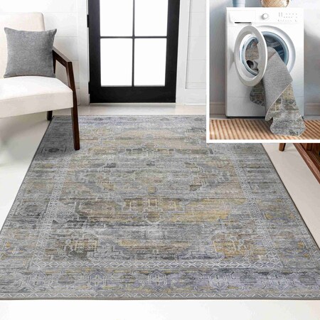 Jonathan Y Alanya Ornate Medallion Non-Slip Machine-Washable Gray/Mustard 3 ft. x 5 ft. Area Rug WSH100D-3