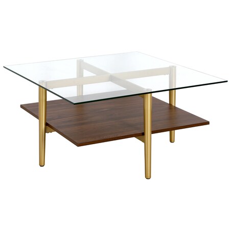 Homeroots 32" Brown And Gold Glass And Steel Square Coffee Table With Shelf 521992