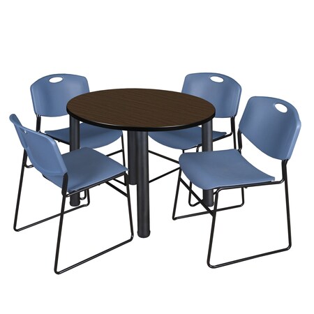 Regency Round Kee Breakroom Table W/ 4 Zeng Stack Chairs, 36 in W, 36 in L, Neo Walnut TB36RNDNWBPBK44BE