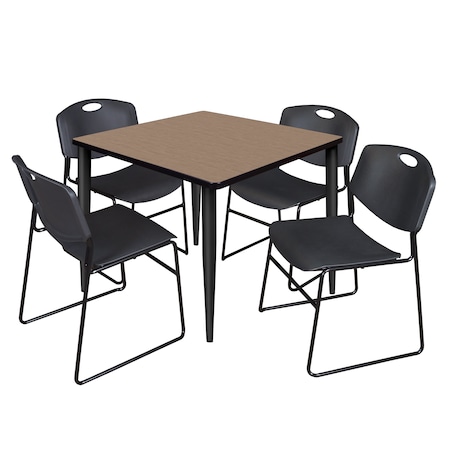 Regency Square Kahlo Breakroom Table W/ 4 Zeng Stack Chairs, 36 in W, 36 in L, Noble Oak TPL3636NOBK44BK