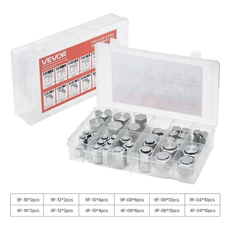 Vevor 72-Piece ORFS O-Ring Plug and Cap Hydraulic Sealing Fittings Kit Sizes 4-16, 72PK ORFS 72PCS-SS