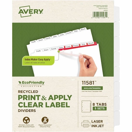 Avery Dennison Avery Eco-friendly Index Divider, Print-on, 8.5"x11", 8 Tabs, 5 Sets, White/White 11581