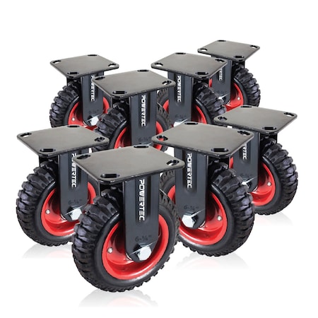 Powertec 6'' Caster Wheels, Heavy Duty Fixed Plate Casters with Rubber Knobby Tread, 8PK 17052-P8N