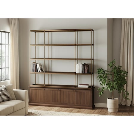 Homeroots 82" Antiqued Brass And Brown Distressed Metal and Solid Wood Four Tier Bookcase with Four Doors 611044