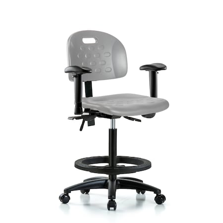 Blue Ridge Ergonomics Poly Chair - High Bench Height with Adjustable Arms, Black Foot Ring, & Casters in Gray Poly HPHBCH-RG-T0-A1-BF-RC-GRY