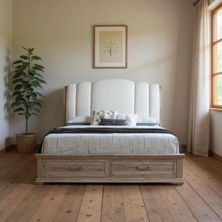 Homeroots Natural and Light Gray Distressed Wood And Upholstery Queen Bed Frame With Drawers 634108