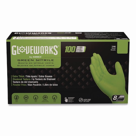Gloveworks By Ammex Heavy-Duty Industrial Nitrile Gloves, Powder-Free, XX-Large, 8 mil Thick, 9.5" Long, Green, 1000PK GWGN49100CT