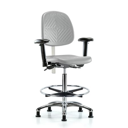 Blue Ridge Ergonomics CL100CleanRoom Chair-High Bench Ht with Med Back, Adj Arms, Chrome Foot Ring, &Stat Glides in Gray Poly NCR-PHBCH-MB-CR-T0-A1-CF-RG-GRY