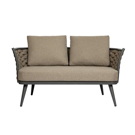 Homeroots 56in Dark Gray Aluminum Outdoor Love Seat with Taupe Cushions 556637