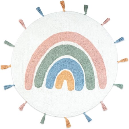 Homeroots 32" White Blue And Pink Cotton Rainbows Round Youthful Bath Rug 634885
