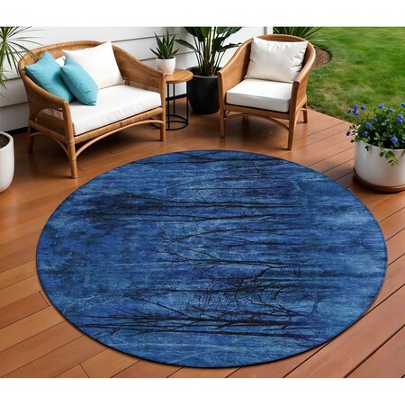 Homeroots 8' Blue And Charcoal Round Floral Washable Indoor Outdoor Area Rug 631013