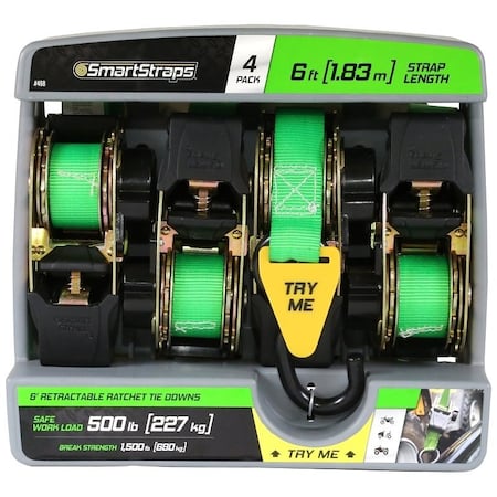 Smartstrap TieDown, 1 in W, 6 ft L, Green, 500 lb, SHook End Fitting, Steel End Fitting 468