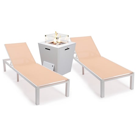 Leisuremod Marlin White Aluminum Patio Chaise Lounge Chair Set of 2 with Square Fire Pit Table, Light Brown MLWCF21-77LBR2
