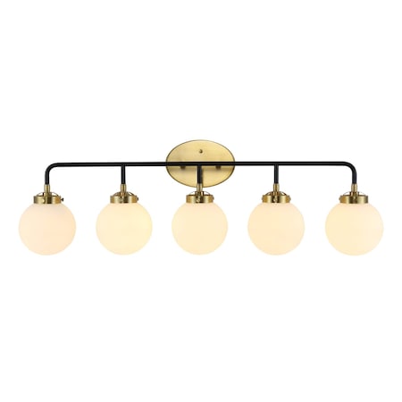 Jonathan Y Caleb 38" 5-Light Contemporary Transitional Iron/Glass LED Vanity Light, Brass Gold/Black/White JYL9555B