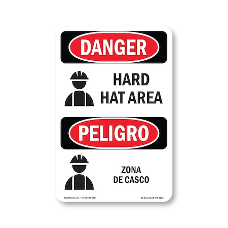 Signmission OSHA Danger Sign, Hard Hat Area Bilingual, 18in X 12in Aluminum, OS-DS-A-1218-VPR-1292 OS-DS-A-1218-VPR-1292