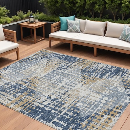 Homeroots 9' X 12' Navy Blue And Beige Geometric Washable Indoor Outdoor Area Rug 632009