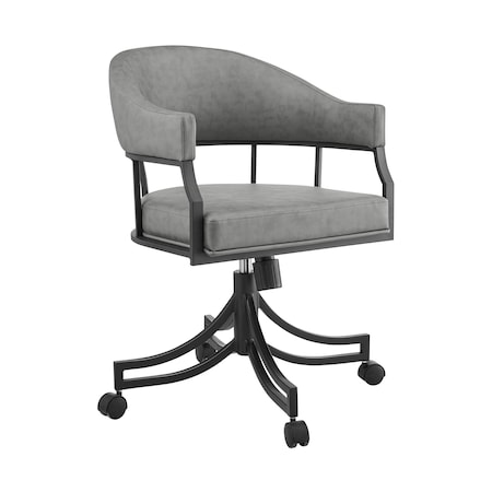 Homeroots Gray And Black Upholstered Faux Leather Open Back Dining Arm Chair With Wheels 569405