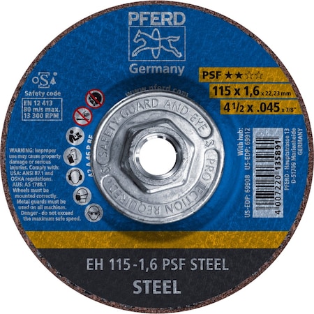 Pferd Cut-Off Wheel, Type 27, 4-1/2 in Dia, 0.045 in Thick, 5/8 in-11 Arbor Hole Size, Aluminum Oxide 69912