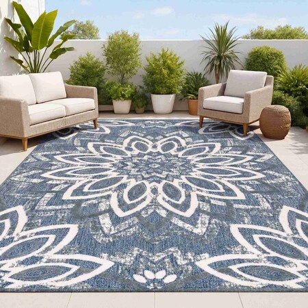 Jonathan Y Flora Abstract Bold Mandala High-Low Dark Blue/Cream 5 ft. x 8 ft. Indoor/Outdoor Area Rug AMC112E-5