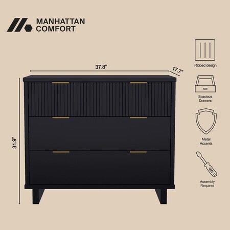 Manhattan Comfort Elara 38 in Solid Wood Dresser in Black (3-Drawer) DR1782-2