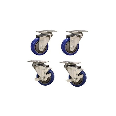 Service Caster 3 Inch Blue Polyurethane Wheel Swivel Top Plate Caster Set with 2 Brakes SCC SCC-20S314-PPUB-BLUE-2-TLB-2