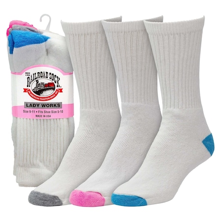 Railroad Sock Womens Crew Socks, 80% Ringspun Cotton, 20% Nylon, White/Assorted, 5-10 W; 4 Pair-7.5 M, 3 PK 638