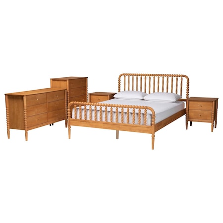 Baxton Studio Lucera Mid-Century Oak Brown Queen Size 5-Piece Bobbin Bedroom Set 257-14017-14129-14126-14123-14123-ZORO