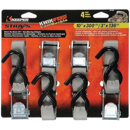 Keeper Tie-Down, 1 in W, 10 ft L, Polyester, Orange, 300 lb, S-Hook End Fitting 05105