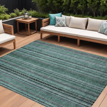 Homeroots 9' X 12' Teal Blue Aqua And Gray Striped Washable Indoor Outdoor Area Rug 616392