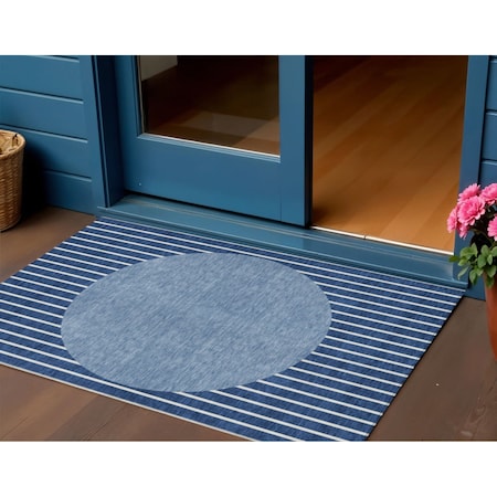 Homeroots 3' X 5' Navy Blue And Gray Striped Washable Indoor Outdoor Area Rug 597181