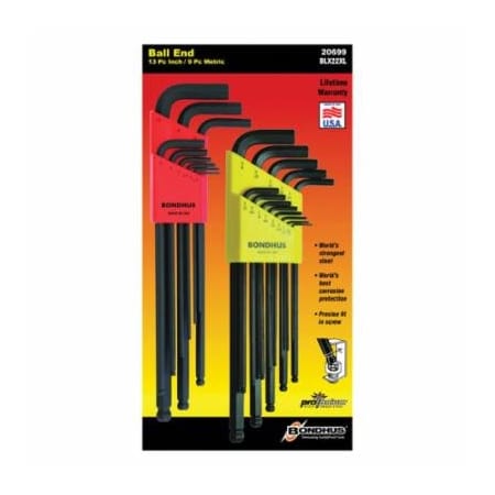 Bondhus EXTRA LONG KEY SET, 22 PIECES, 0.05 TO 3/8 IN, 1.5 TO 10 MM HEX, L-HANDLE, PROTANIUM 20699