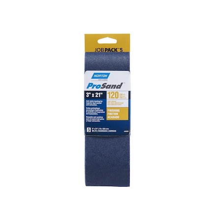 Norton Sanding Belt, 3 in W, 21 in L, 120 Grit, Very Fine, Zirconia Aluminum Abrasive, 5PK 07660749262