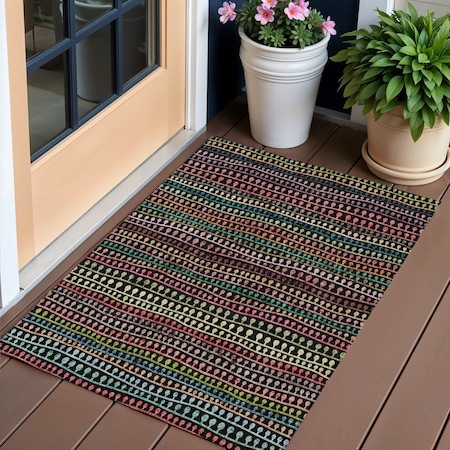 Homeroots 3' X 5' Black Green And Gold Striped Washable Indoor Outdoor Area Rug 588238