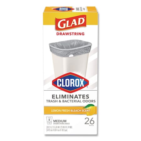 Glad Medium Drawstring Trash Bags with Clorox, 8 gal, Lemon Fresh Bleach, 0.74 mil, 23x21.63, Gray, 26PK 79316