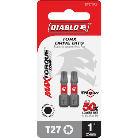 Diablo T27 TORX 1'' Insert Impact Screwdriver Bit, 2PK DT271P2