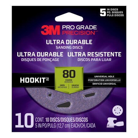 3M Ultra Durable Universal Hole Sanding Disc, 5 IN x UH, 80, 12PK DUH580TRI-10T