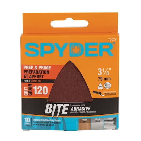 Spyder 3-1/8-Inch 120-Grit Aluminum Oxide Triangle Detail Sanding Sheets, 10PK 70029