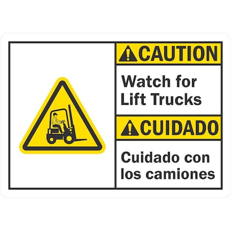 Lyle Caution Watch For Lift Trucks (W/Sym) (Bilingual), 7x5, Non-Reflective, White G-17476-ND_7x5
