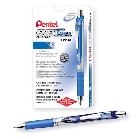 Pentel EnerGel RTX Retractable Liquid Gel Pen, (0.7mm) Metal Tip, Medium Line, Blue Ink, 1 Dozen, 12PK BL77-C