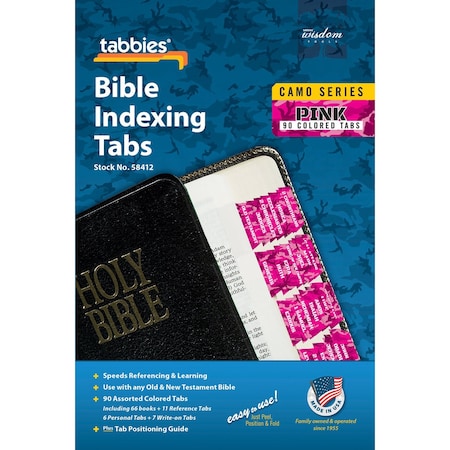 Tabbies BIBLE INDEXING TABS- CAMO SERIES -OT & NT, 90 PINK TABS, 1"L - 1/4" EXT, 10 PKS/BX, 10PK 58412