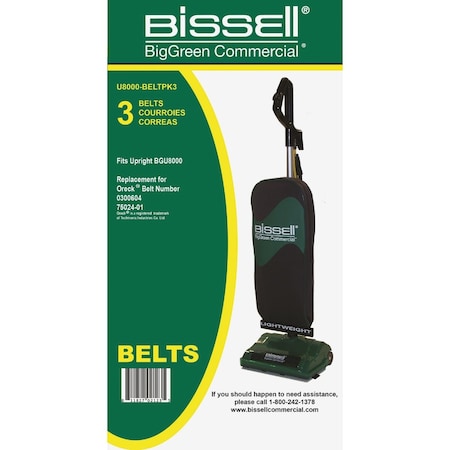 Bissell BigGreen Commercial U8000 Upright and Oreck Dual Stack Vacuum Cleaner Belt, 3PK U8000-BELTPK3