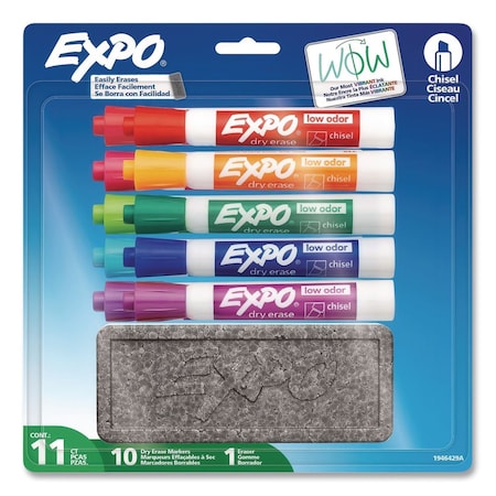 Expo Low-Odor, Dry Erase 10-Color Marker and Eraser Set, Broad Chisel Tip, Assorted Colors, 10PK 1946429