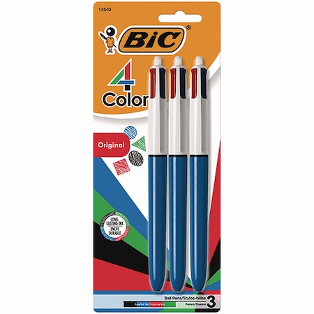 Bic Four-Color Ballpoint Pen, Retractable, Medium 1 mm, BLK/Blue/Green/Red Inks, Randomly Barrels, 3PK 14540