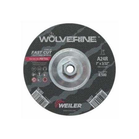 Weiler Wolverine Grinding Wheel, 7 in dia x 5/8 in-11 UNC Arbor x 3/32 in Thick, AO, 24R, 10PK 804-56477