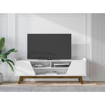 Manhattan Comfort Mid-Century Modern Marcus 62.99 TV Stand with Solid Wood Legs in White 260BMC6