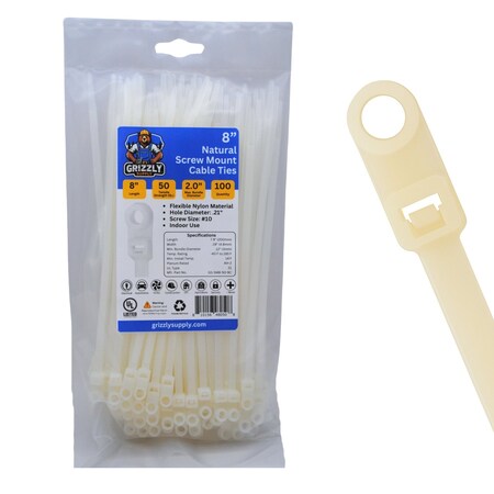 Grizzly Supply Screw Mount Cable Tie, 8 in L, 50 lb Strength, 2.2 in Max Bundle Dia, Nylon 6/6, Natural, 100PK GS-SM8-50-9C