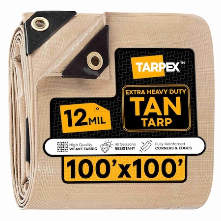 Tarpex Extra Heavy Duty Tarp, 100 ft x 100 ft, 12 Mil, Tan, Polyethylene THD-TA-100100