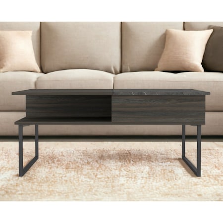 Homeroots 41" Espresso And Black Wood And Metal Lift Top Coffee Table With Shelf 535053