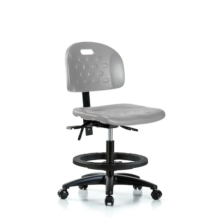 Blue Ridge Ergonomics Polyurethane Chair - Medium Bench Height with Black Foot Ring & Casters in Gray Polyurethane HPMBCH-RG-T0-A0-BF-RC-GRY